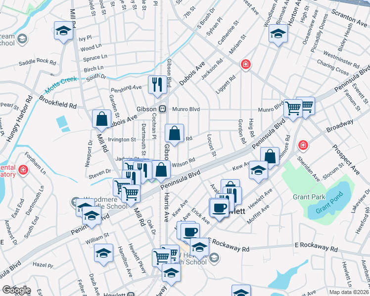 map of restaurants, bars, coffee shops, grocery stores, and more near 100 Marlboro Road in Valley Stream
