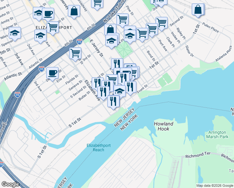 map of restaurants, bars, coffee shops, grocery stores, and more near 59 1st Street in Elizabeth