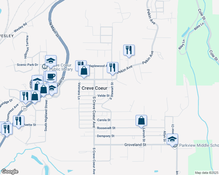map of restaurants, bars, coffee shops, grocery stores, and more near 448 Zessin Street in Creve Coeur