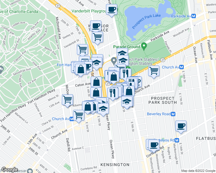 map of restaurants, bars, coffee shops, grocery stores, and more near 135 Prospect Expressway in Brooklyn
