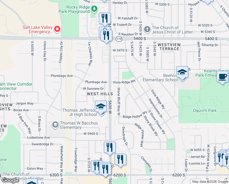 map of restaurants, bars, coffee shops, grocery stores, and more near 5566 Arnica Ridge Circle in Salt Lake City