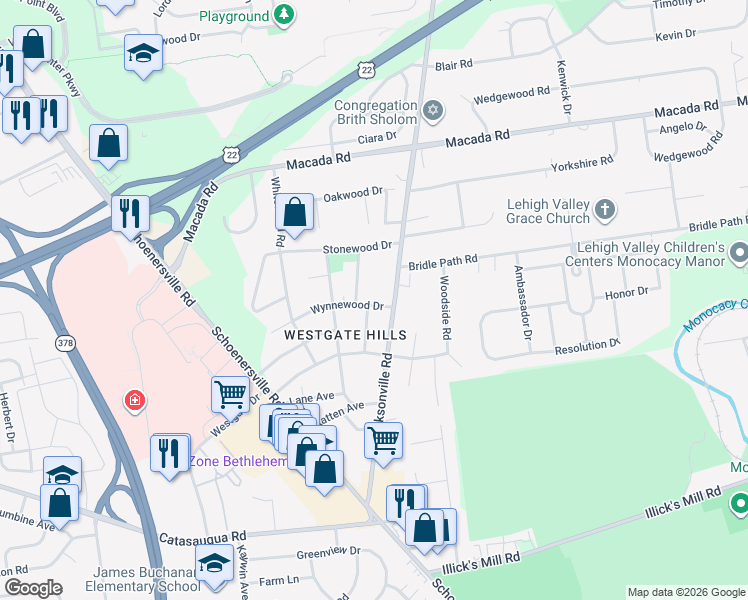 map of restaurants, bars, coffee shops, grocery stores, and more near 1250 Wynnewood Drive in Bethlehem