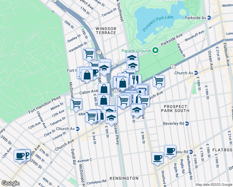 map of restaurants, bars, coffee shops, grocery stores, and more near 125 Ocean Parkway in Brooklyn