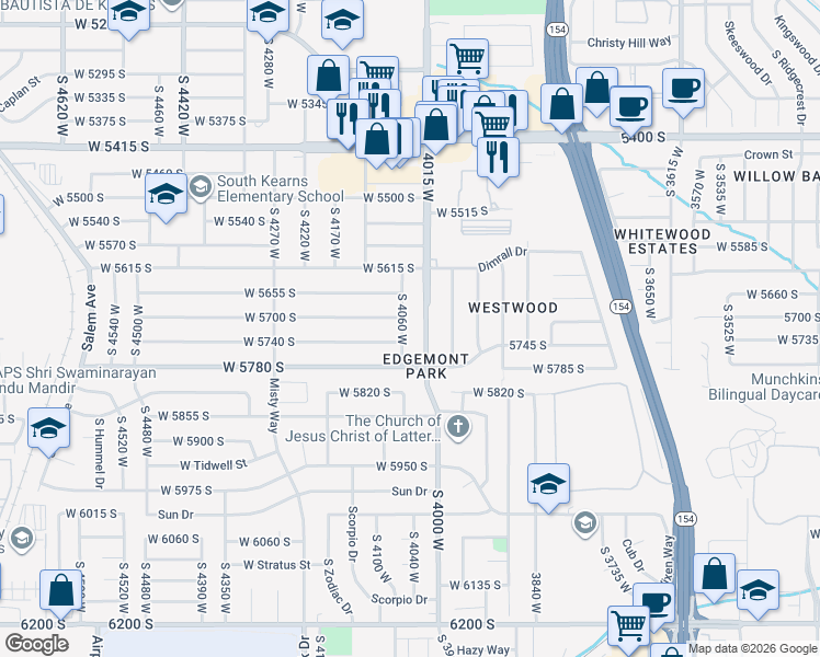 map of restaurants, bars, coffee shops, grocery stores, and more near 5746 4015 West in Kearns