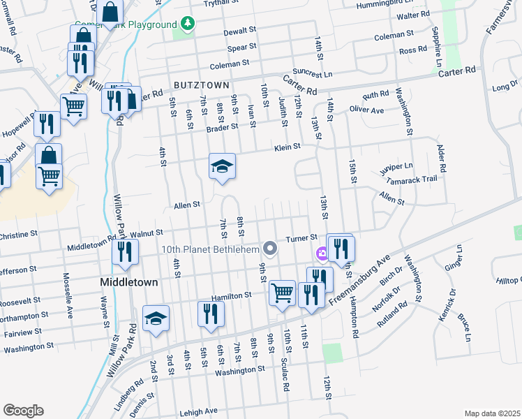 map of restaurants, bars, coffee shops, grocery stores, and more near 2102 9th Street in Bethlehem