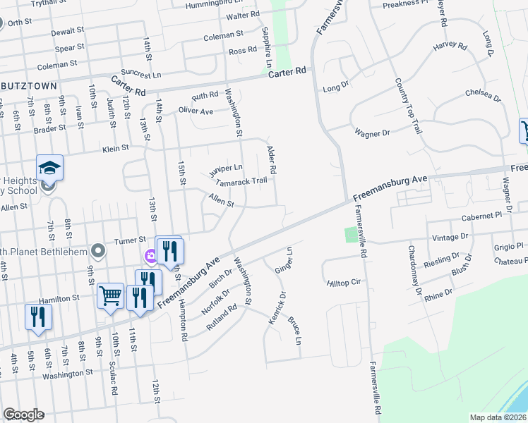 map of restaurants, bars, coffee shops, grocery stores, and more near 4190 Allen Street in Bethlehem