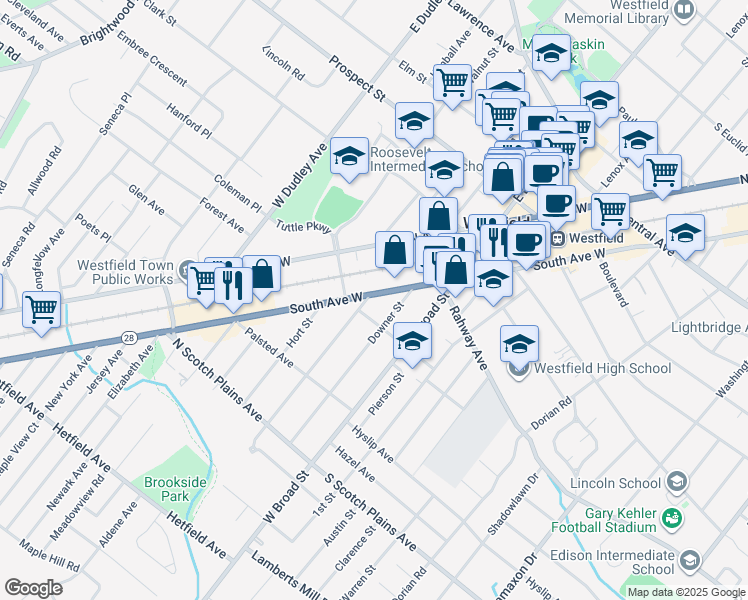 map of restaurants, bars, coffee shops, grocery stores, and more near 430 Downer Street in Westfield