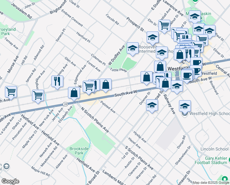 map of restaurants, bars, coffee shops, grocery stores, and more near 534 Hort Street in Westfield