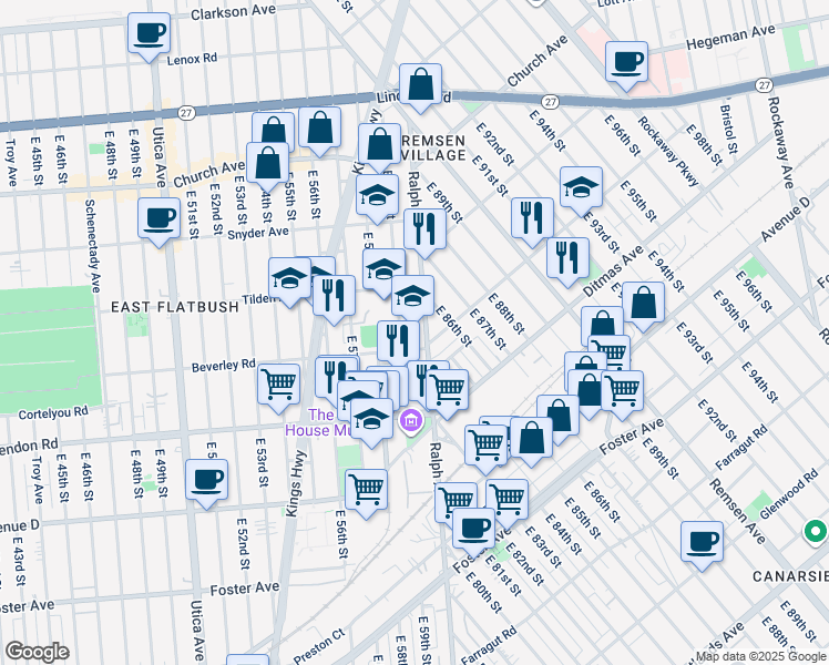 map of restaurants, bars, coffee shops, grocery stores, and more near 5909 Beverley Road in Brooklyn