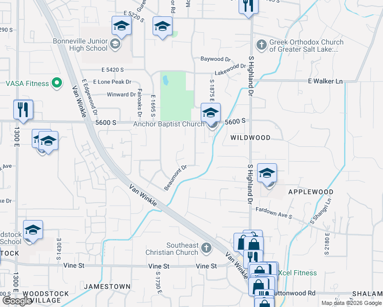 map of restaurants, bars, coffee shops, grocery stores, and more near 5724 South Laurelwood Street in Holladay