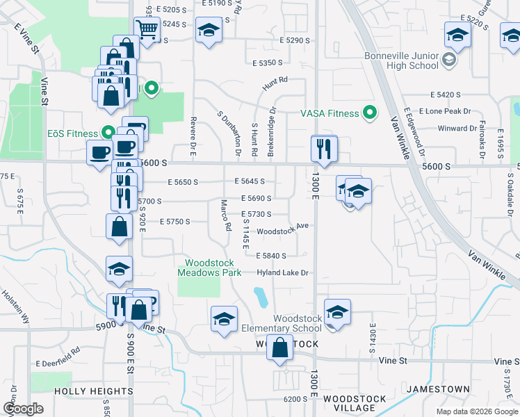 map of restaurants, bars, coffee shops, grocery stores, and more near 1176 East 5730 South in Murray