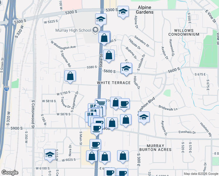 map of restaurants, bars, coffee shops, grocery stores, and more near 5760 Butler Circle in Murray