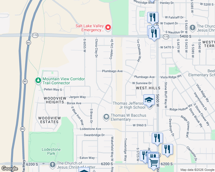 map of restaurants, bars, coffee shops, grocery stores, and more near 5741 Copper City Drive in Kearns