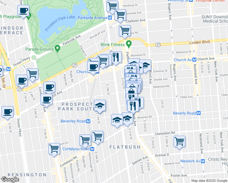 map of restaurants, bars, coffee shops, grocery stores, and more near 645 Ocean Avenue in Brooklyn