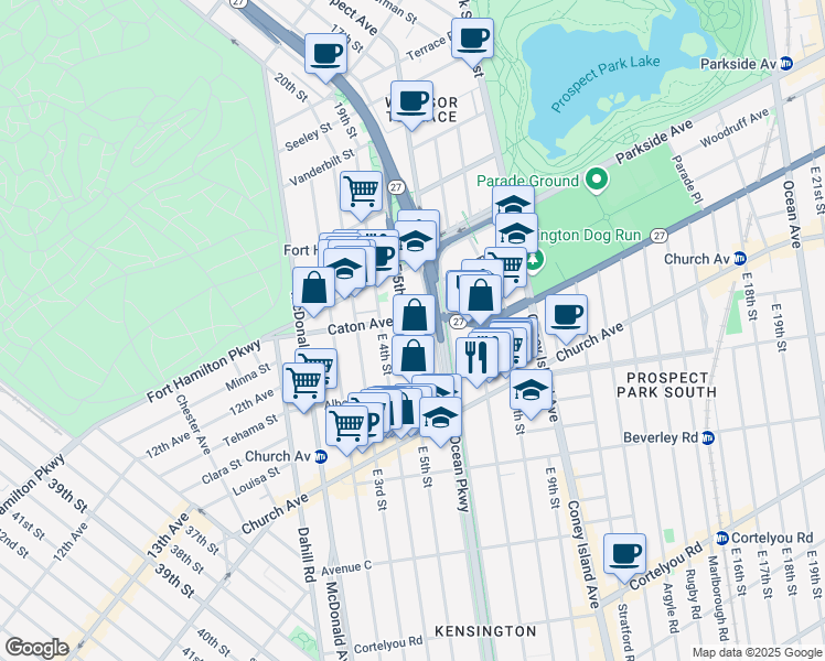 map of restaurants, bars, coffee shops, grocery stores, and more near 132 Ocean Parkway in Brooklyn