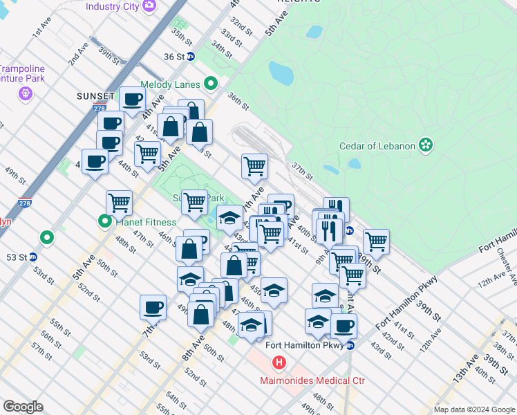 map of restaurants, bars, coffee shops, grocery stores, and more near 735 41st Street in Brooklyn