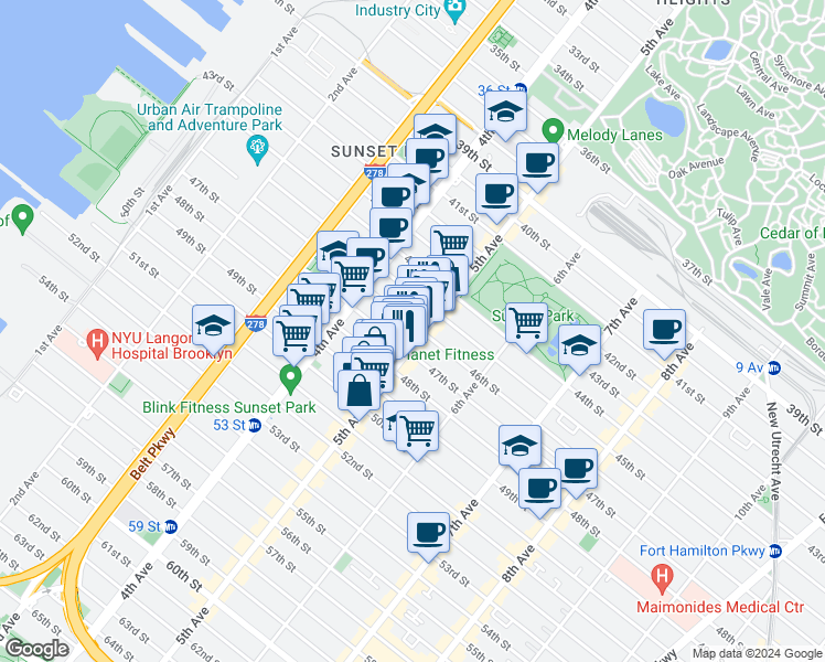 map of restaurants, bars, coffee shops, grocery stores, and more near 4621 5th Avenue in Brooklyn