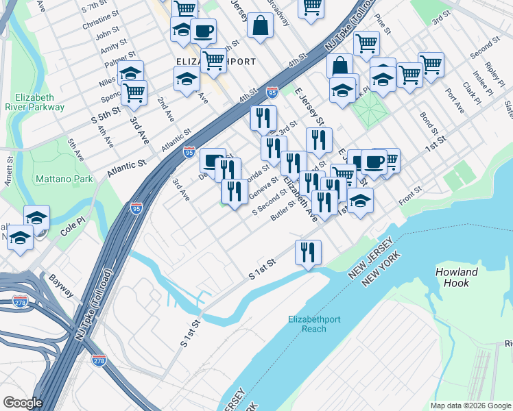 map of restaurants, bars, coffee shops, grocery stores, and more near 52 South Second Street in Elizabeth
