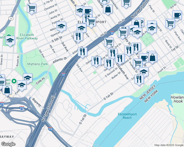 map of restaurants, bars, coffee shops, grocery stores, and more near 224 Florida Street in Elizabeth