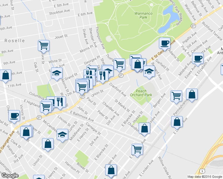 map of restaurants, bars, coffee shops, grocery stores, and more near 1304 Middlesex Street in Linden