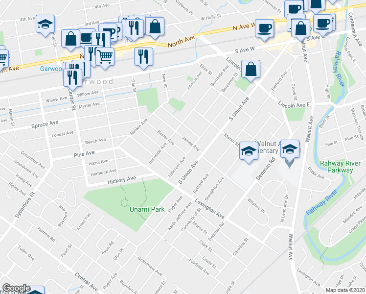 map of restaurants, bars, coffee shops, grocery stores, and more near 135 Hillcrest Avenue in Cranford
