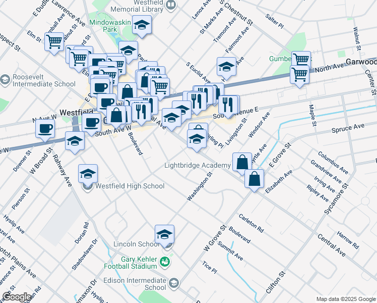 map of restaurants, bars, coffee shops, grocery stores, and more near 618 Central Avenue in Westfield