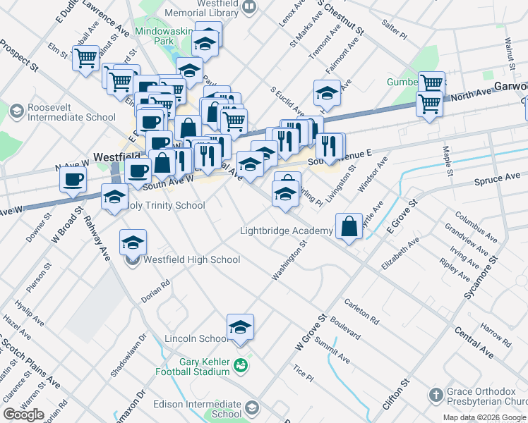 map of restaurants, bars, coffee shops, grocery stores, and more near 127 Park Street in Westfield