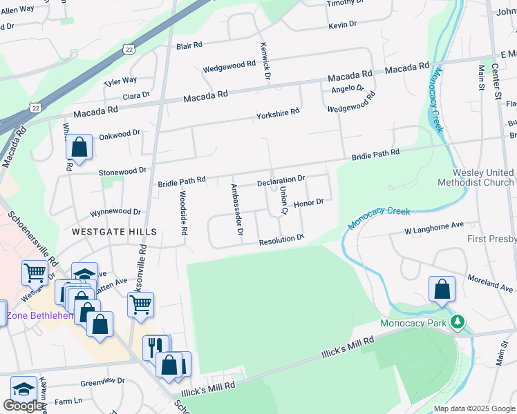 map of restaurants, bars, coffee shops, grocery stores, and more near 1102 Resolution Drive in Bethlehem