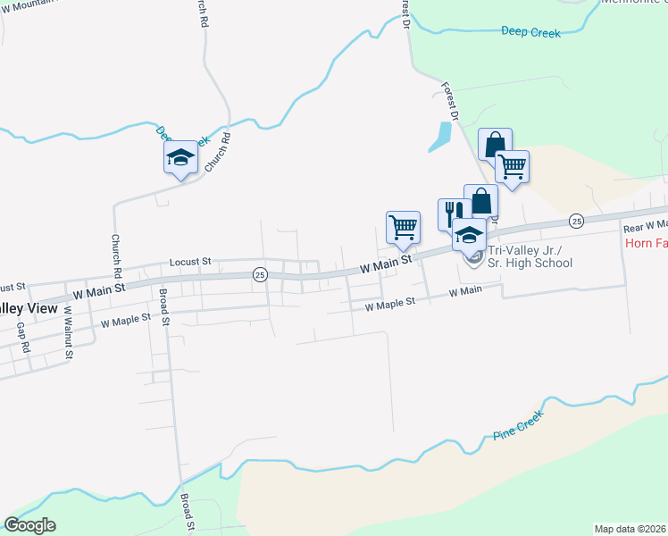 map of restaurants, bars, coffee shops, grocery stores, and more near SR0025 West Center Alley in Valley View