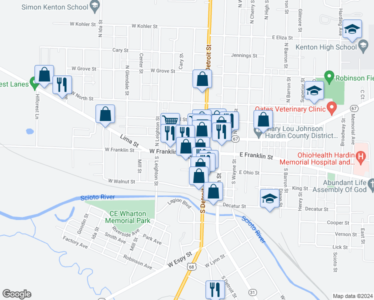map of restaurants, bars, coffee shops, grocery stores, and more near 307 West Franklin Street in Kenton