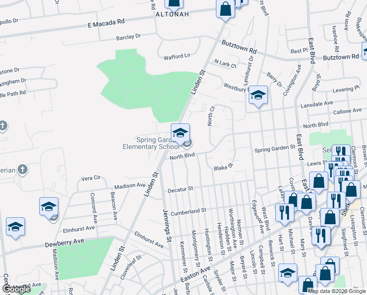 map of restaurants, bars, coffee shops, grocery stores, and more near 901 North Boulevard in Bethlehem