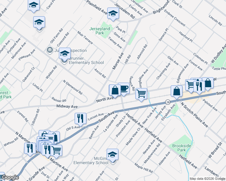map of restaurants, bars, coffee shops, grocery stores, and more near 909 Westfield Road in Scotch Plains