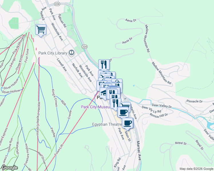 map of restaurants, bars, coffee shops, grocery stores, and more near 710 Main Street in Park City