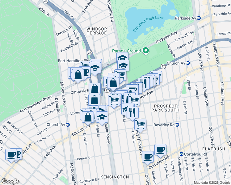map of restaurants, bars, coffee shops, grocery stores, and more near 130 East 8th Street in Brooklyn