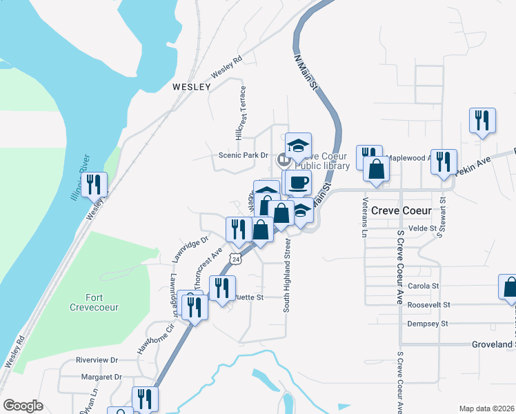 map of restaurants, bars, coffee shops, grocery stores, and more near 216 Wagner Drive in Creve Coeur