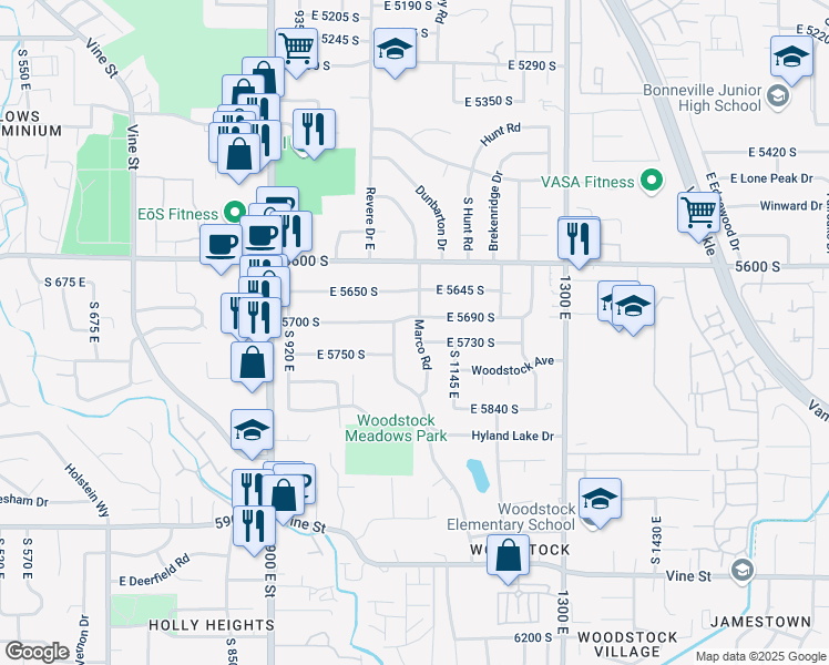 map of restaurants, bars, coffee shops, grocery stores, and more near 5735 South 1050 East in Murray