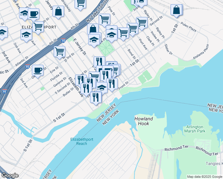map of restaurants, bars, coffee shops, grocery stores, and more near 94 Front Street in Elizabeth