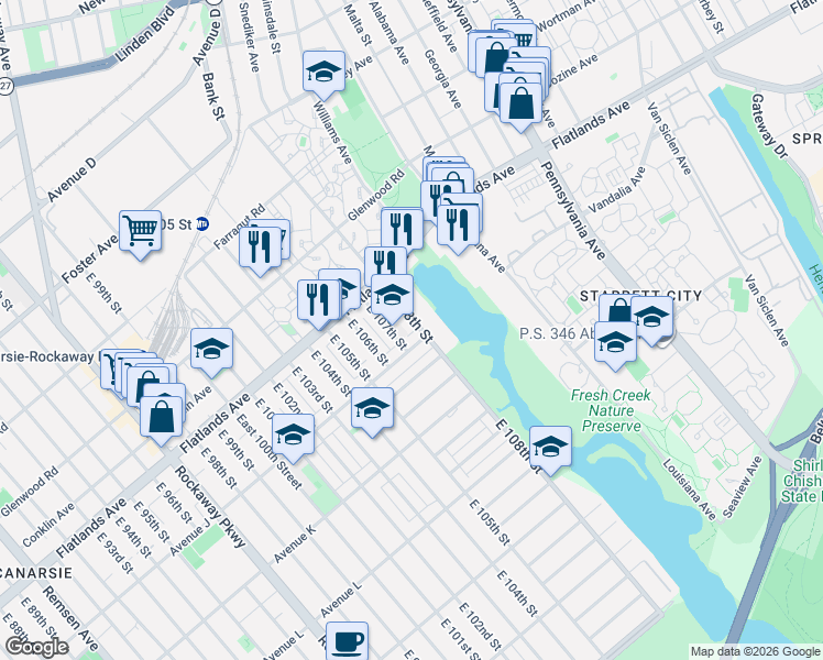 map of restaurants, bars, coffee shops, grocery stores, and more near 970 East 108th Street in Brooklyn