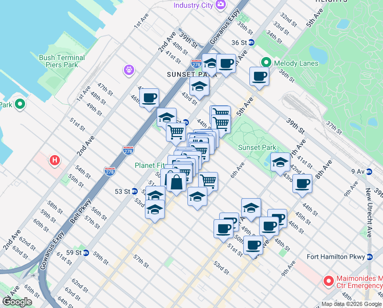 map of restaurants, bars, coffee shops, grocery stores, and more near 4621 5th Avenue in Brooklyn