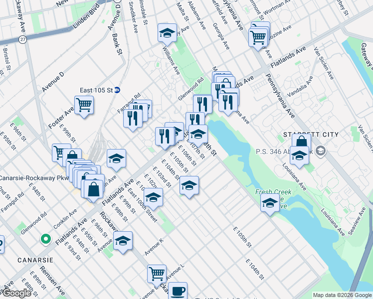 map of restaurants, bars, coffee shops, grocery stores, and more near 950 East 106th Street in Brooklyn
