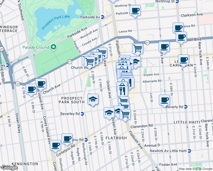 map of restaurants, bars, coffee shops, grocery stores, and more near 630 Ocean Avenue in Brooklyn