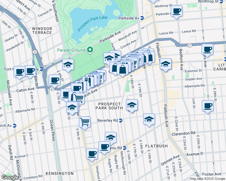 map of restaurants, bars, coffee shops, grocery stores, and more near 109 Marlborough Road in Brooklyn