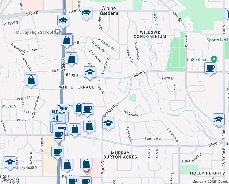 map of restaurants, bars, coffee shops, grocery stores, and more near 5749 Mcmillan Circle in Murray