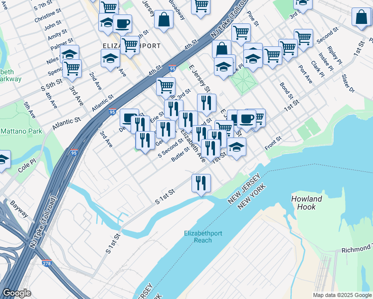 map of restaurants, bars, coffee shops, grocery stores, and more near 36 Butler St in Elizabeth