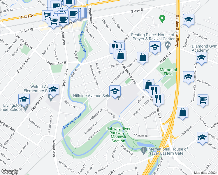map of restaurants, bars, coffee shops, grocery stores, and more near 171 North Lehigh Avenue in Cranford