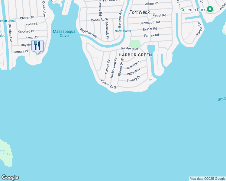 map of restaurants, bars, coffee shops, grocery stores, and more near 102 Riviera Drive South in Massapequa