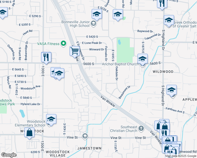 map of restaurants, bars, coffee shops, grocery stores, and more near 1616 Saint James Place in Holladay