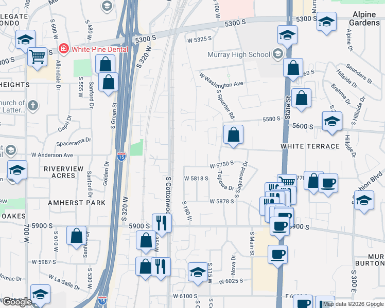 map of restaurants, bars, coffee shops, grocery stores, and more near 5729 South 180 West in Murray