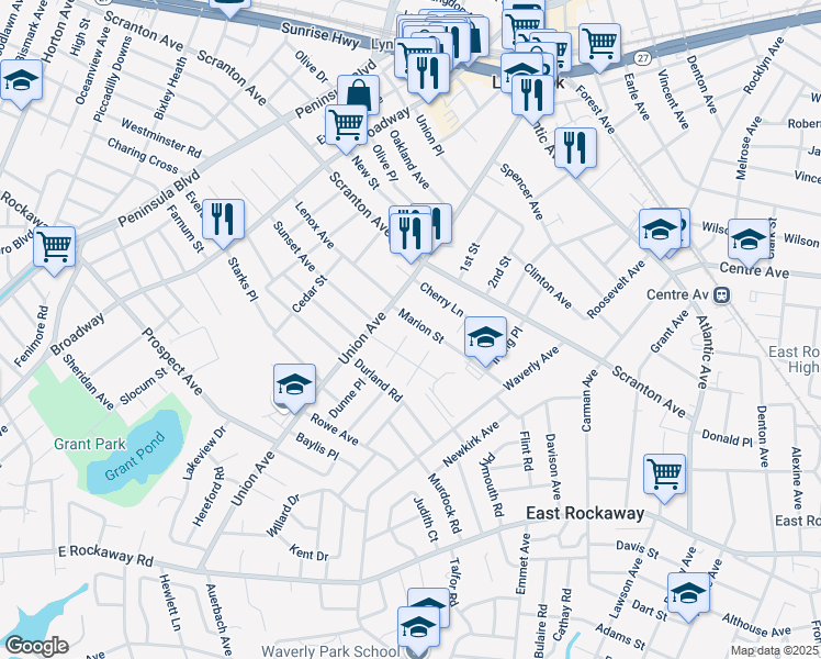 map of restaurants, bars, coffee shops, grocery stores, and more near 13 Abrams Place in Lynbrook