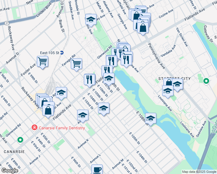 map of restaurants, bars, coffee shops, grocery stores, and more near 10701 Avenue J in Brooklyn